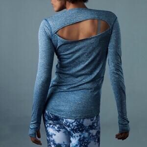 Onzie OS Wave Long Sleeve Yoga Top Blue Striped Cutout Shirt One Size XS S M L